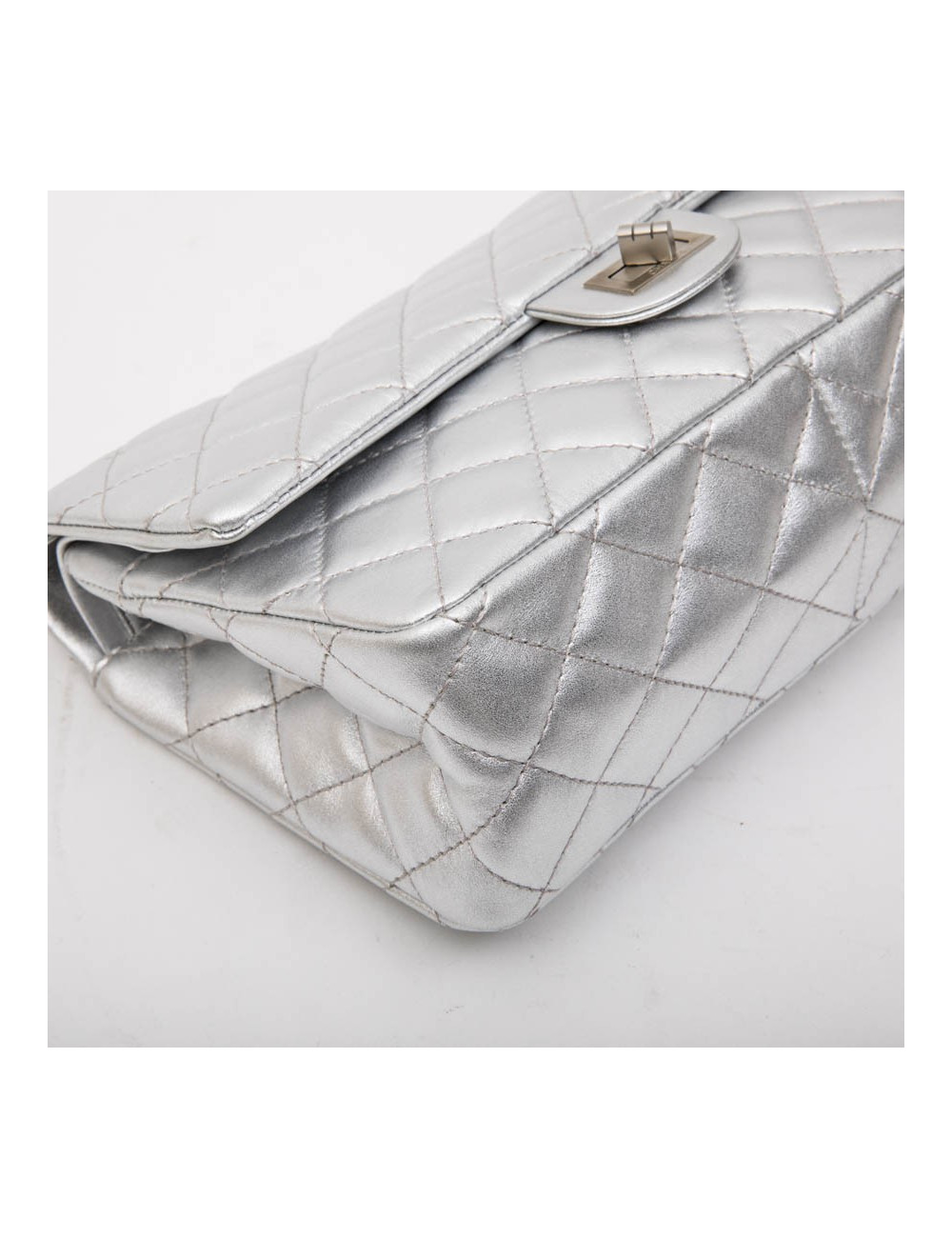 CHANEL 'Timeless' Double Flap Bag in Silver Quilted Leather