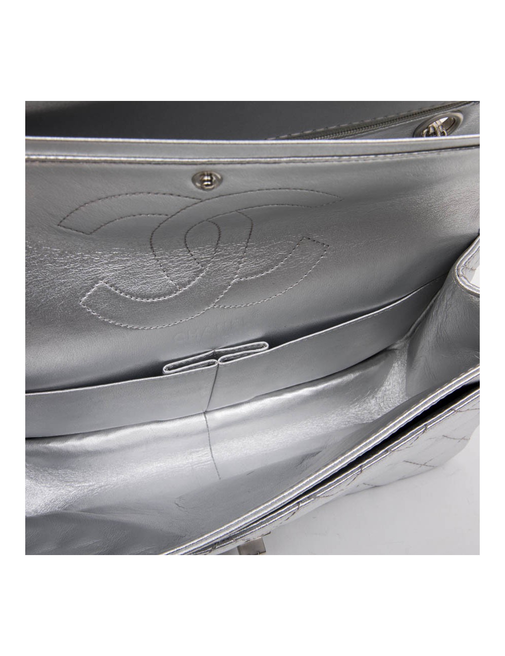 CHANEL 'Timeless' Double Flap Bag in Silver Quilted Leather