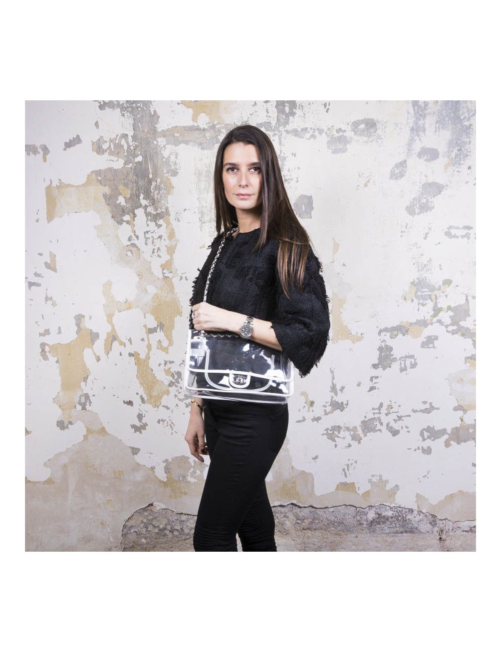 CHANEL Timeless bag in transparent plastic and piping in white lamb leather