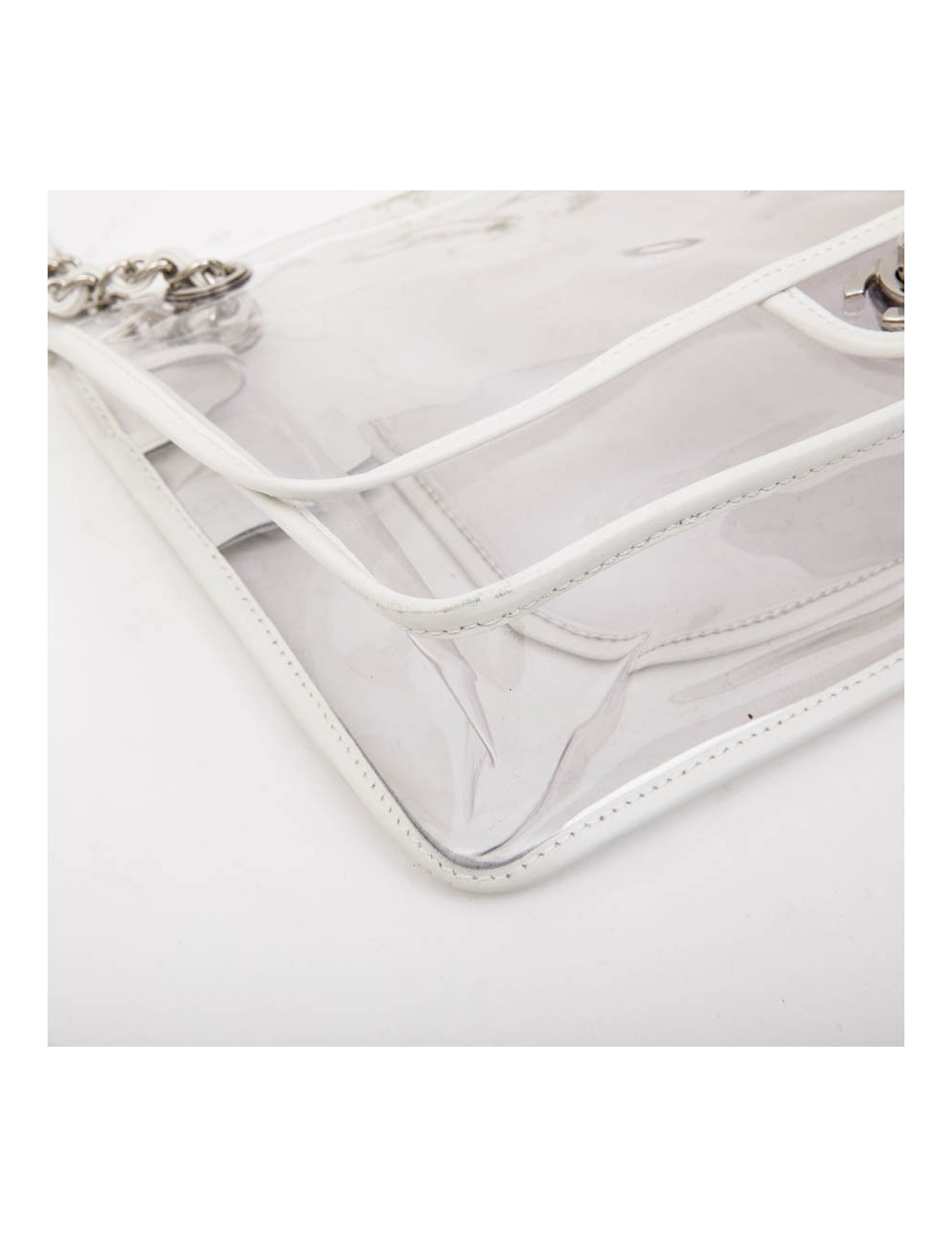 CHANEL Timeless bag in transparent plastic and piping in white lamb leather