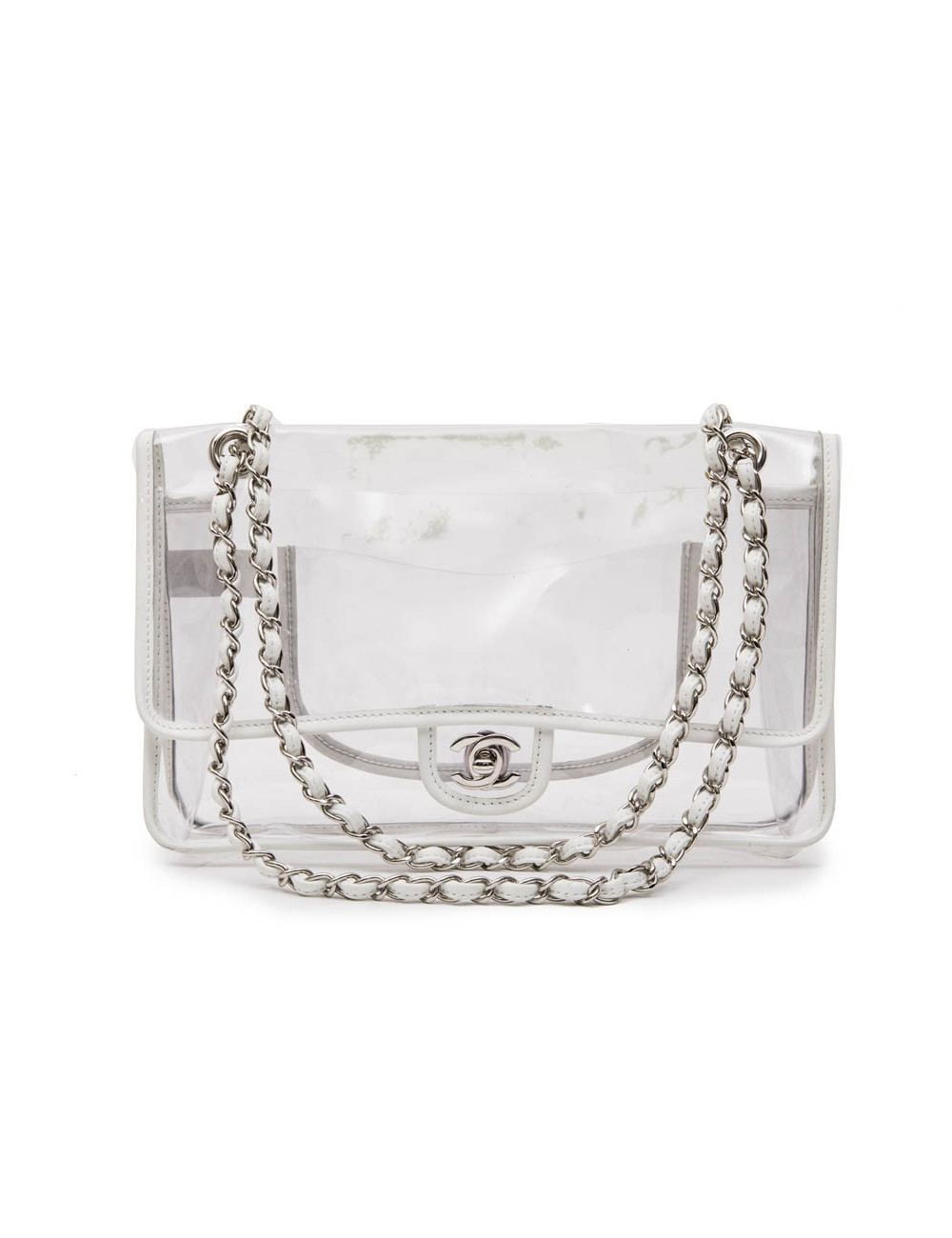 CHANEL Timeless bag in transparent plastic and piping in white lamb leather
