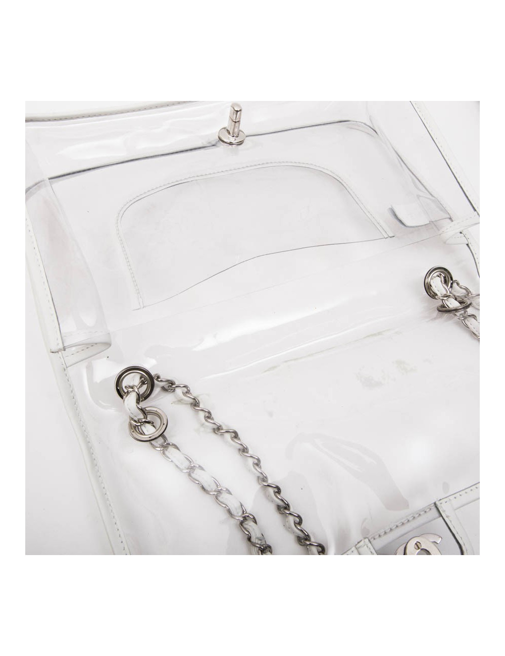 CHANEL Timeless bag in transparent plastic and piping in white lamb leather
