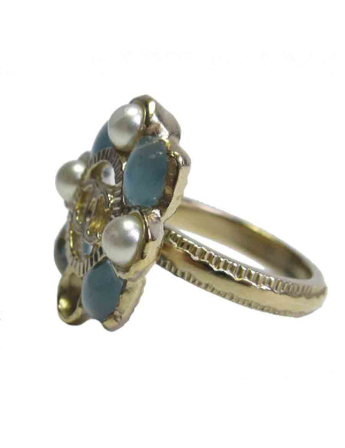 Bague CHANEL T52 en métal doré perles nacrées et bleues