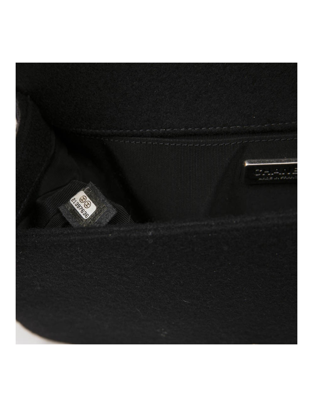 CHANEL Boy bag in black boiled wool with embroidered patches