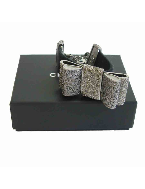 Bracelet CHANEL ruban strass en métal argenté et ruban gros grain noir
