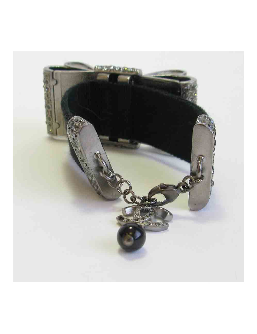 Bracelet CHANEL ruban strass en métal argenté et ruban gros grain noir
