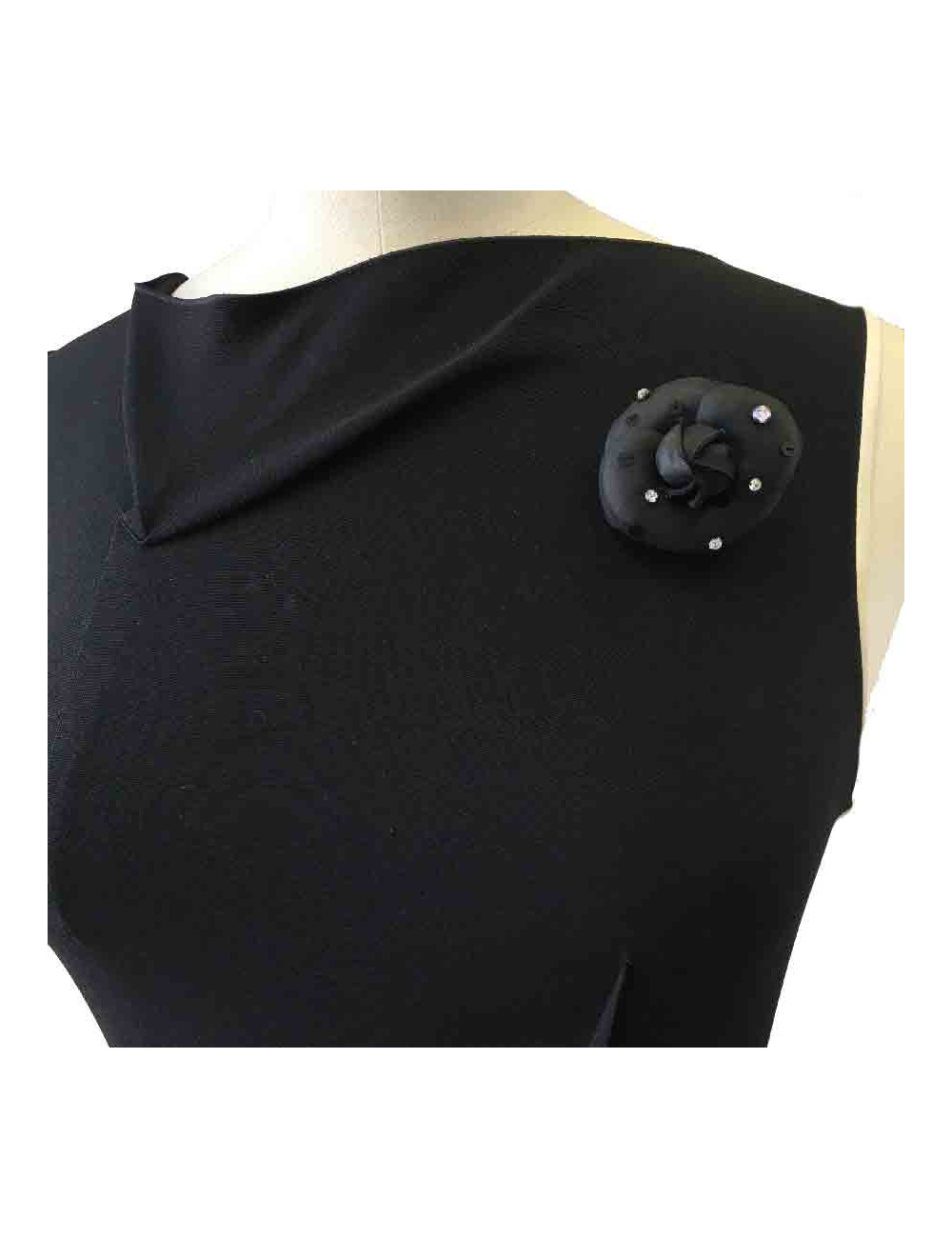 CHANEL camellia brooch in black fabric, brilliants and sequins