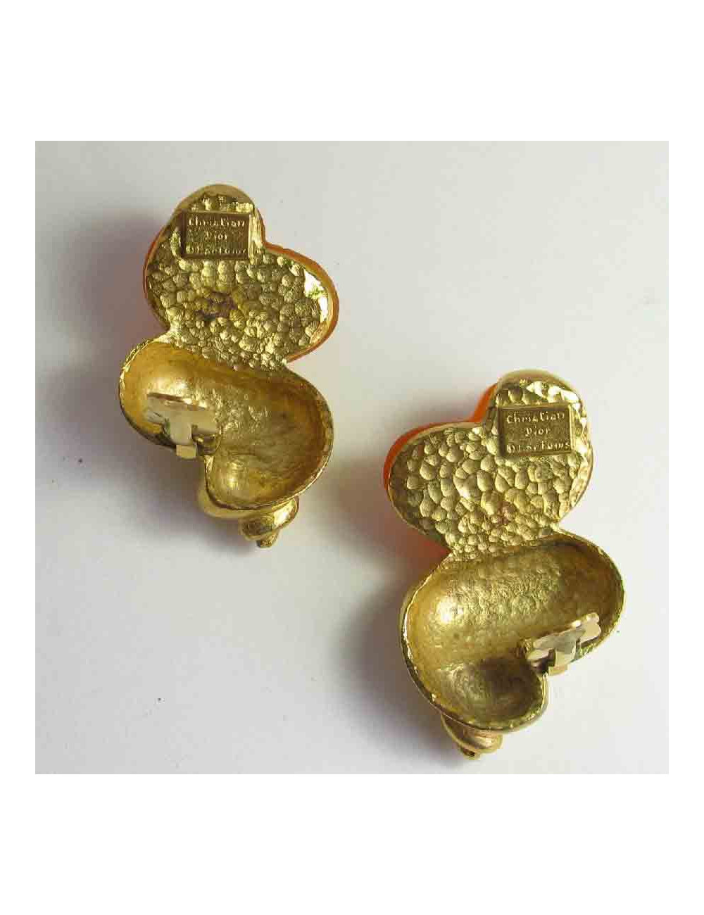 CHRISTIAN DIOR vintage clip-on earrings in gilt metal and orange plexi