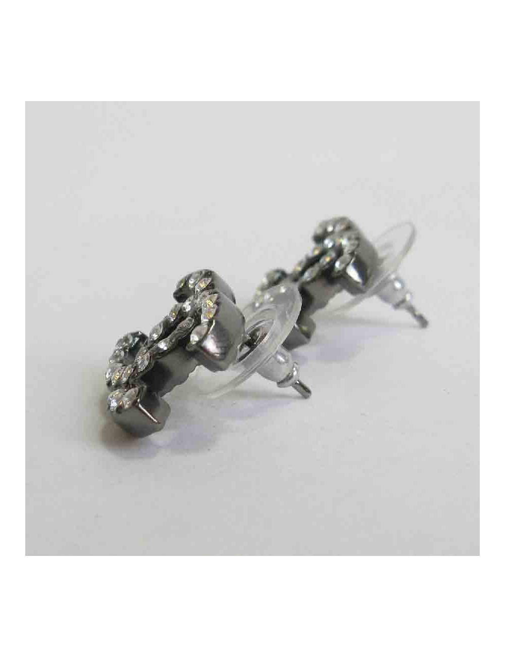 CHANEL "CC" stud earrings in ruthénium and rhinestones