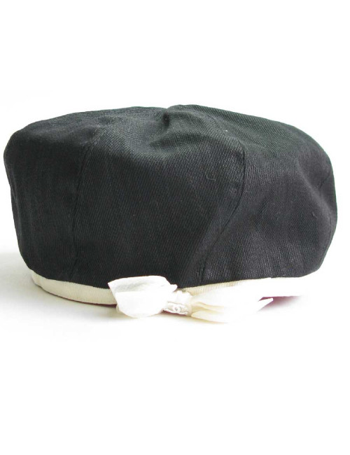 Beret T 58 CHANEL  coton noir et liseret blanc et noeud écru