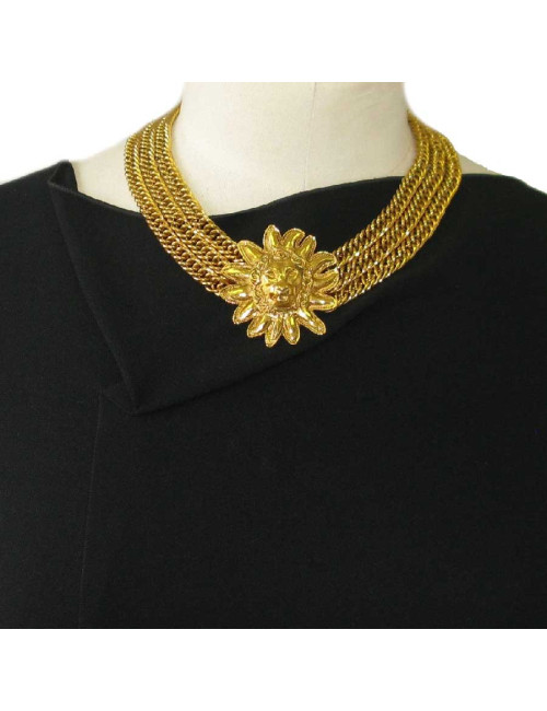 Collier ras de cou CHANEL tête de Lion vintage en métal doré