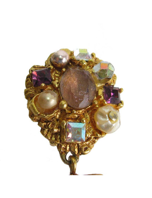 Boucles d'oreille clips CHRISTIAN LACROIX pendantes en métal doré et pierres fantaisies