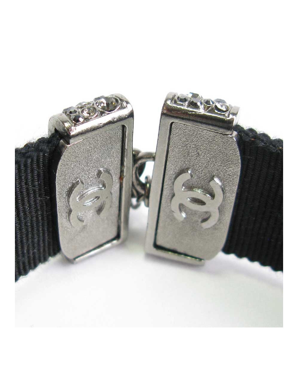 Collier ras de cou CHANEL noeud strass en métal argenté