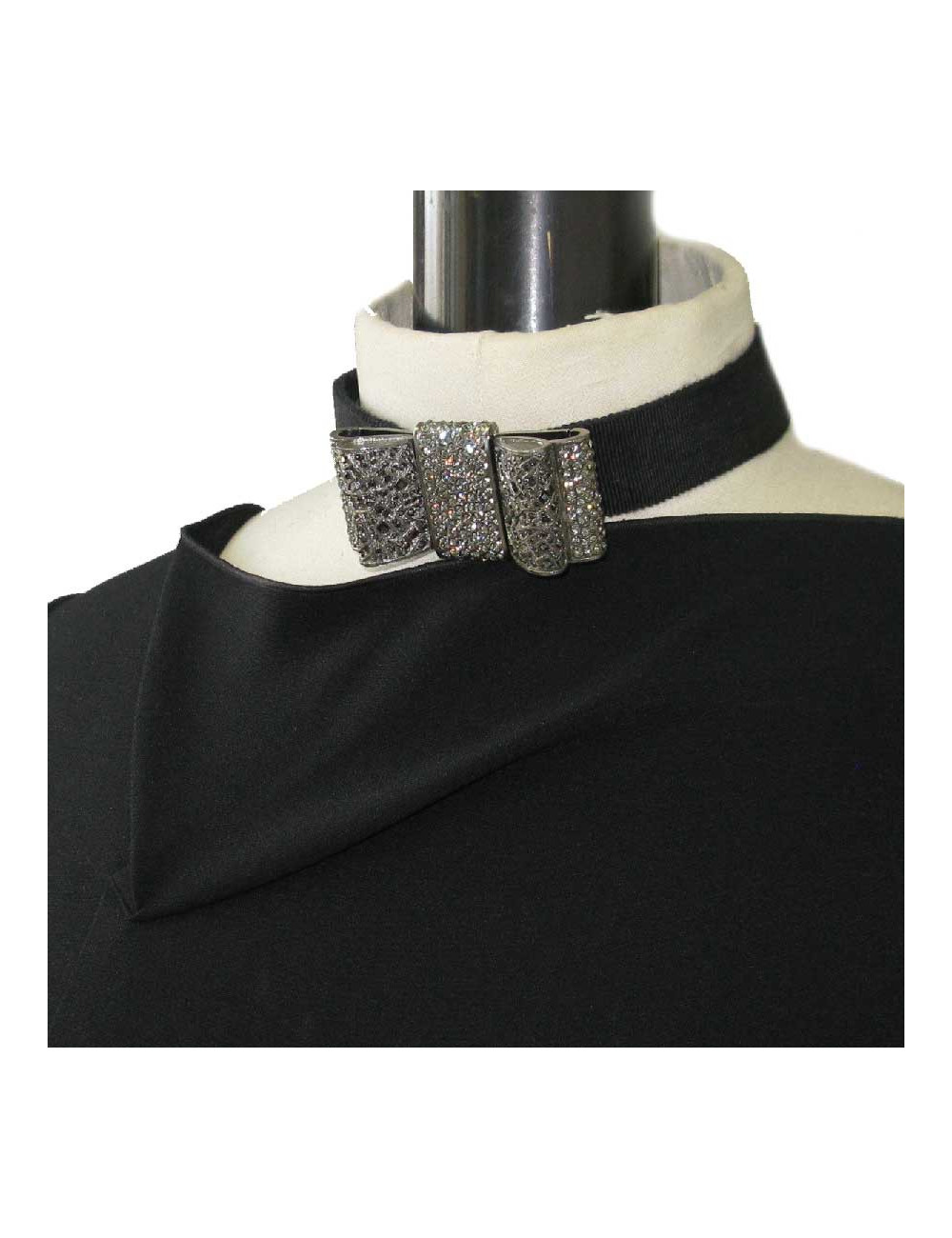 Collier ras de cou CHANEL noeud strass en métal argenté