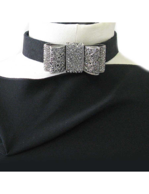 Collier ras de cou CHANEL noeud strass en métal argenté