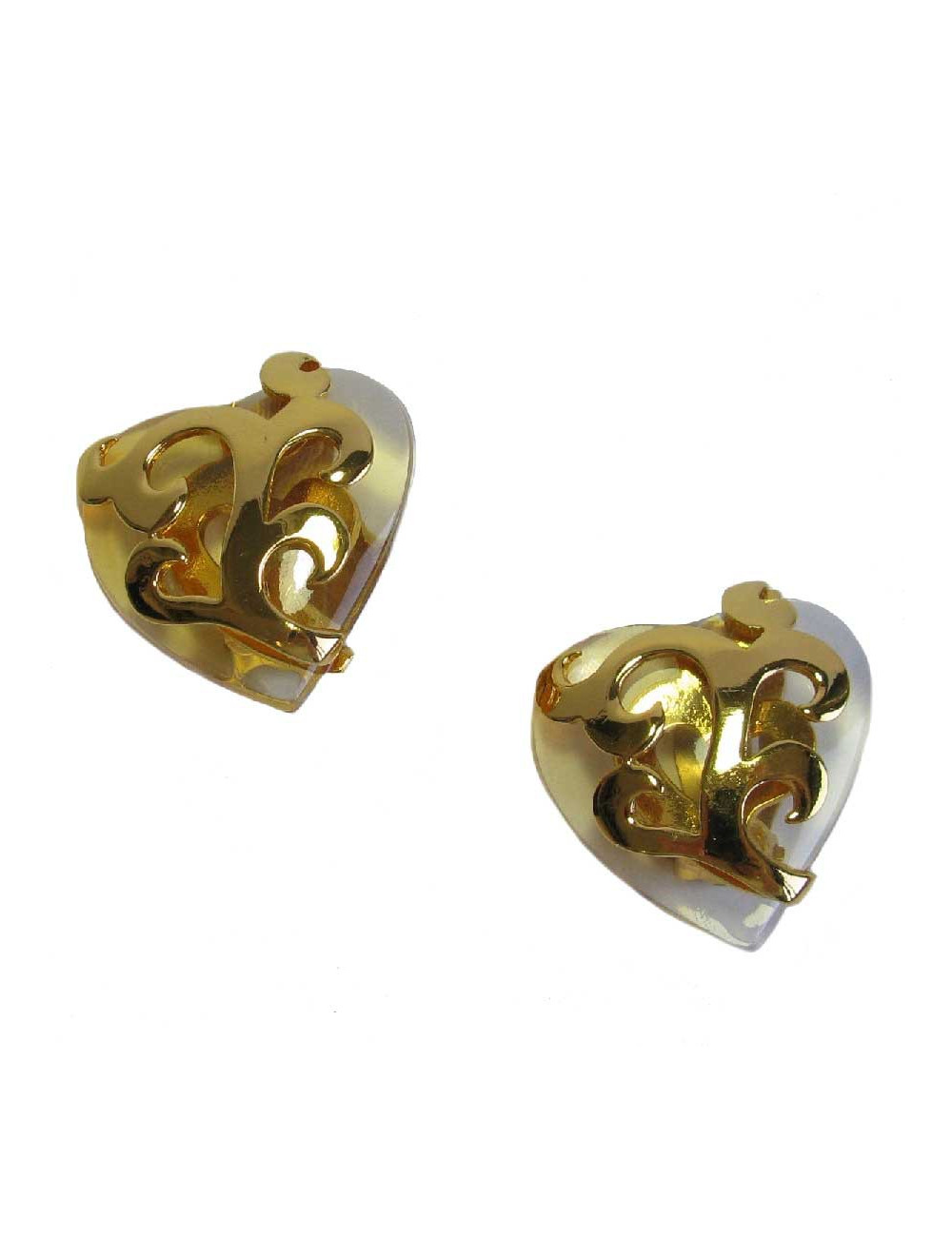 YSL YVES SAINT LAURENT heart clip-on earrings in gilt metal and transparent plexi