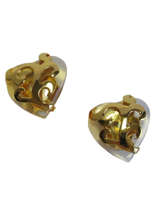 Boucles d'oreille clips coeur YSL YVES SAINT LAURENT dorées et transparentes