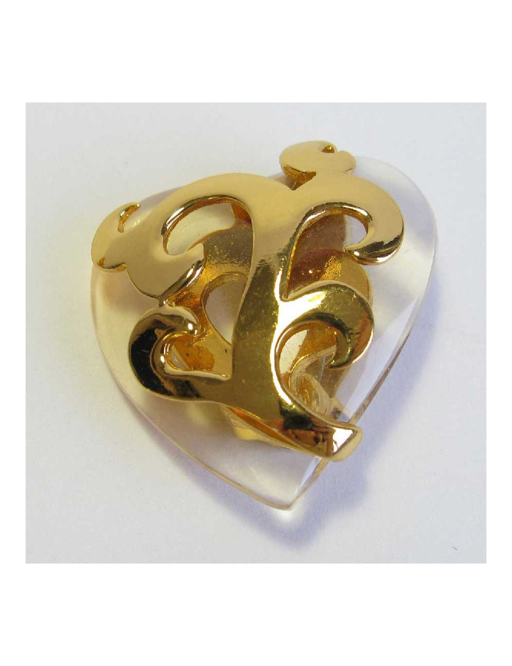 YSL YVES SAINT LAURENT heart clip-on earrings in gilt metal and transparent plexi