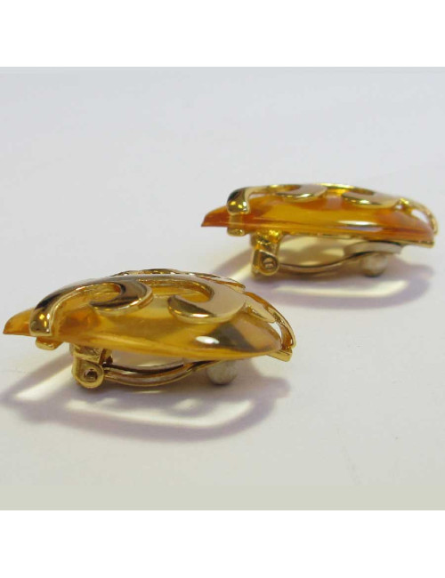 YSL YVES SAINT LAURENT heart clip-on earrings in gilt metal and transparent plexi