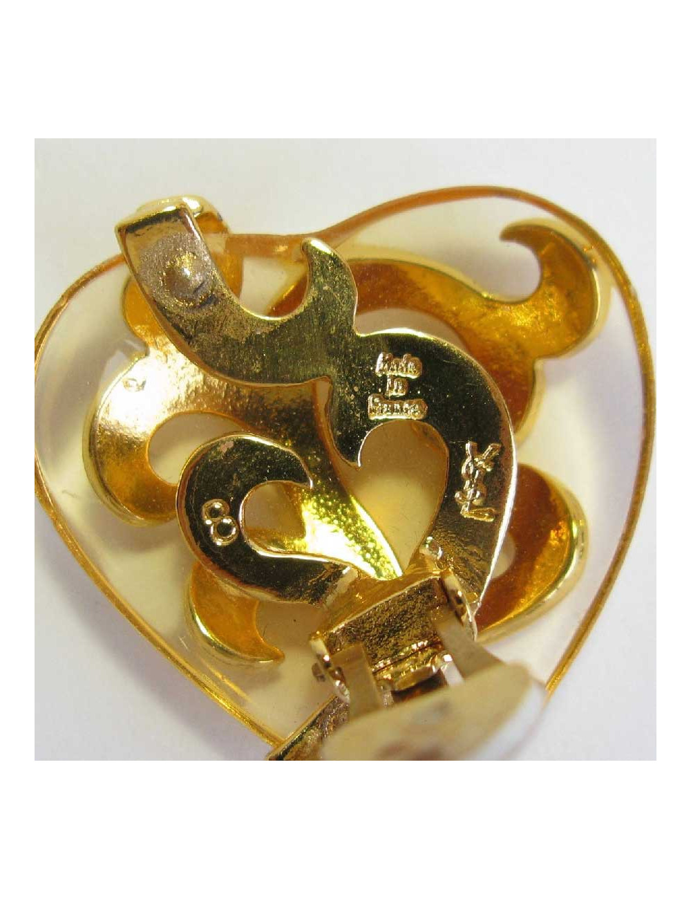 YSL YVES SAINT LAURENT heart clip-on earrings in gilt metal and transparent plexi