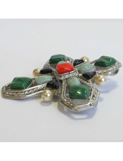 Broche croix marguerite de valois en pâte de verre et perles nacrées