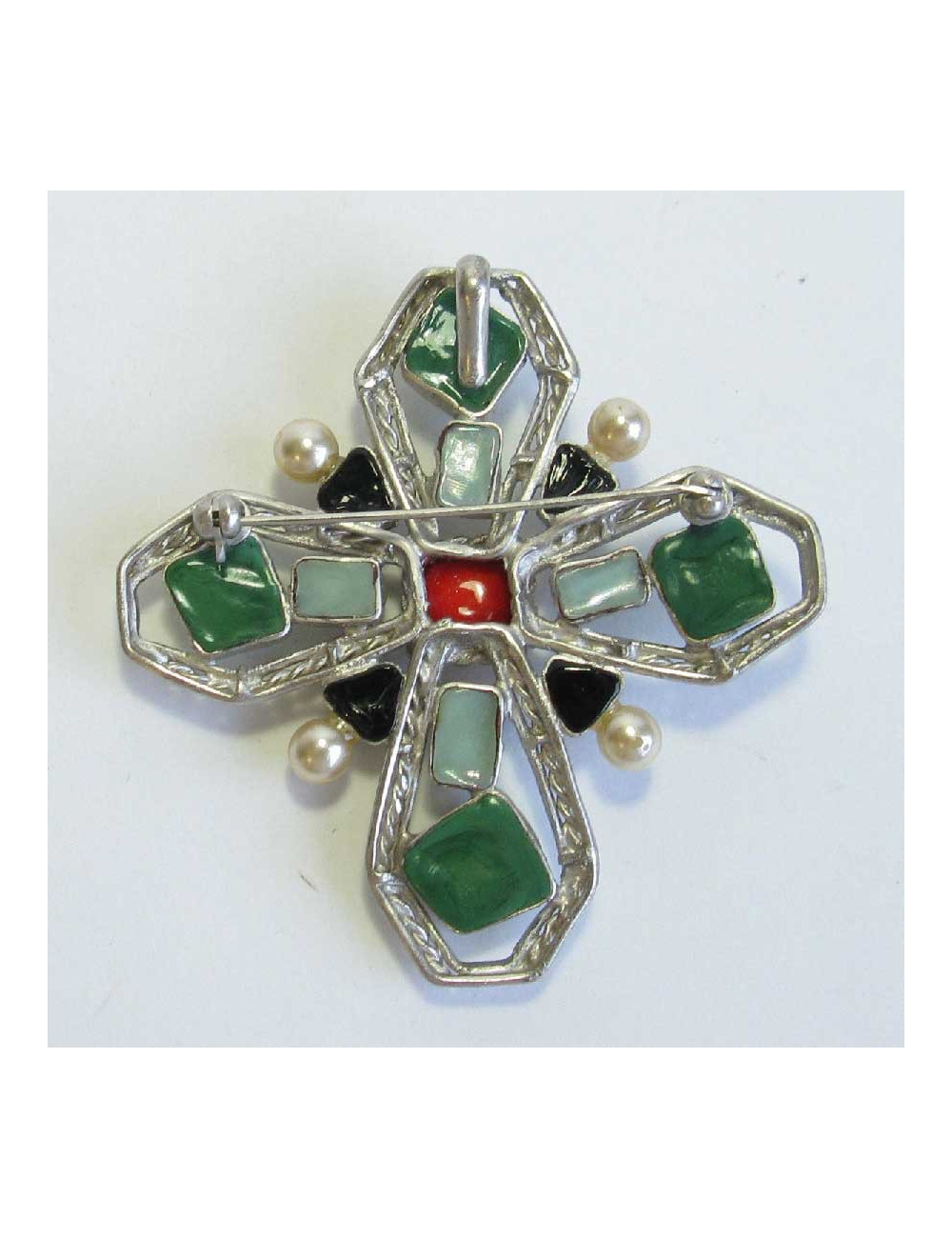 Broche croix marguerite de valois en pâte de verre et perles nacrées