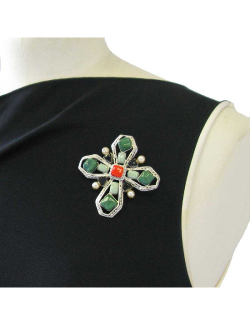 Broche croix sans marque en pâte de verre