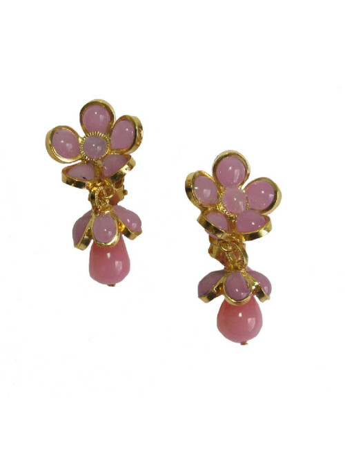 Boucles d'oreille clips MARGUERITE DE VALOIS pendantes fleurettes roses