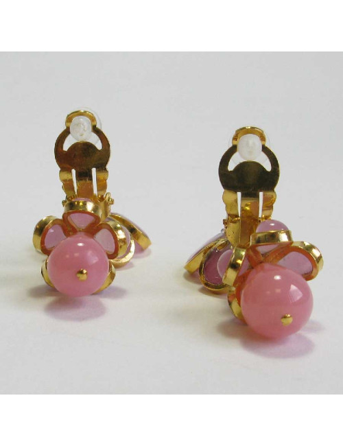 MARGUERITE DE VALOIS pendants pink flowers clip-on earrings in molten glass