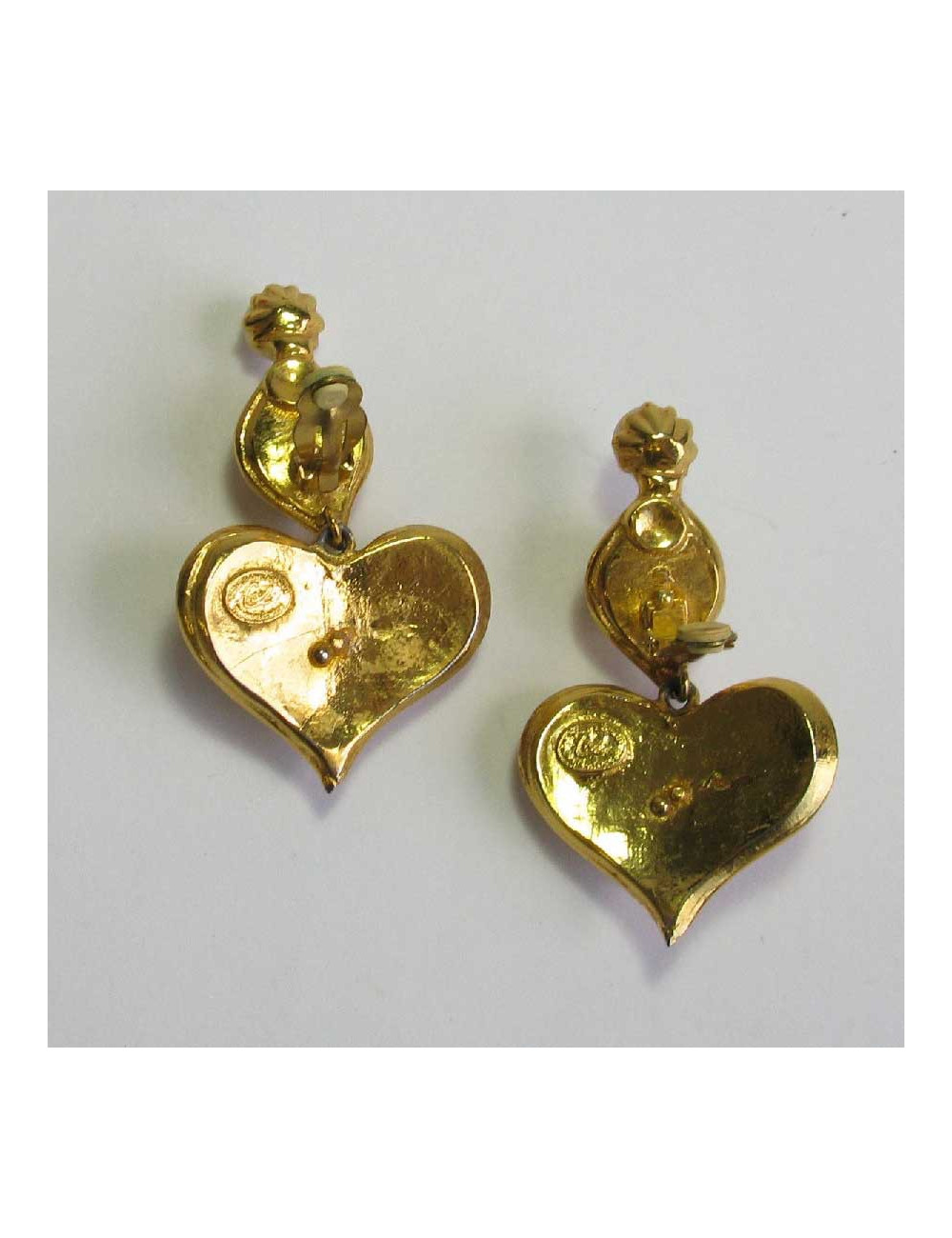 Boucles d'oreille clips CHRISTIAN LACROIX coeur pendant en métal doré et pierres fantaisies