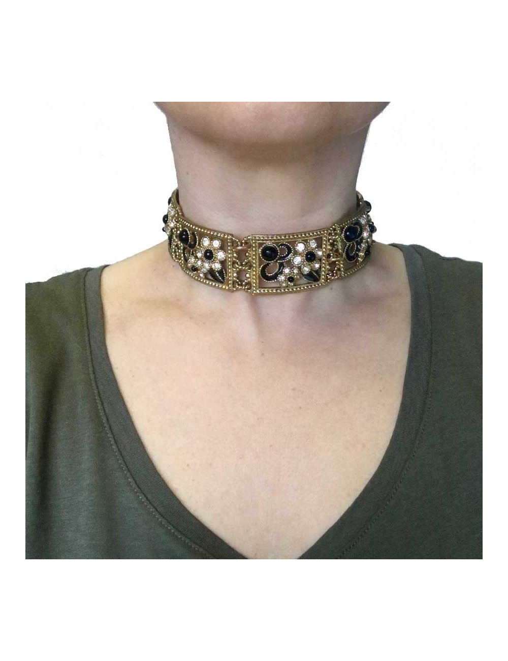Collier ras de cou JACQUES FATH en métal doré, résine noire et strass