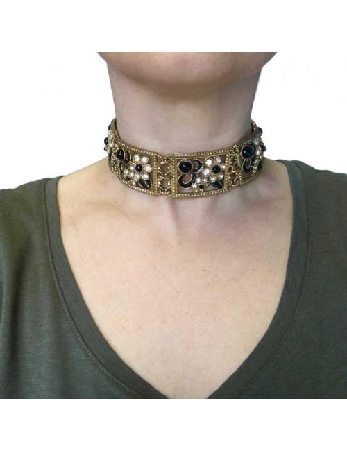 Collier ras de cou JACQUES FATH en métal doré, résine noire et strass