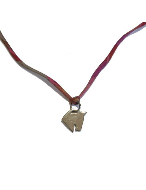 HERMES silk link necklace and silver metal horse head pendant
