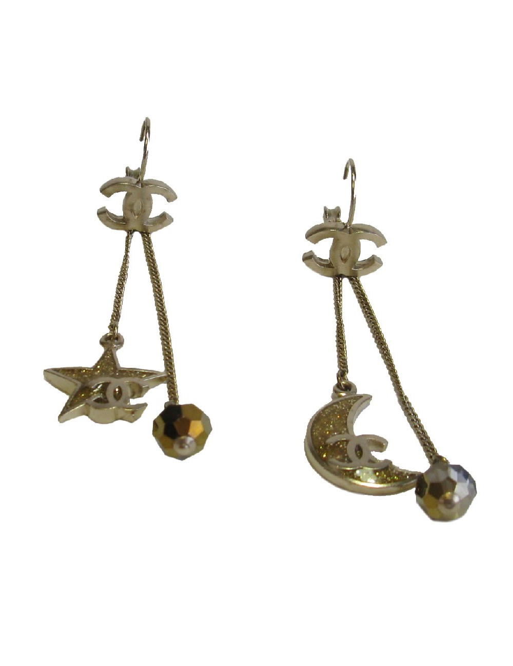 Boucles d'oreille clous CHANEL pendantes étoile et lune en métal doré