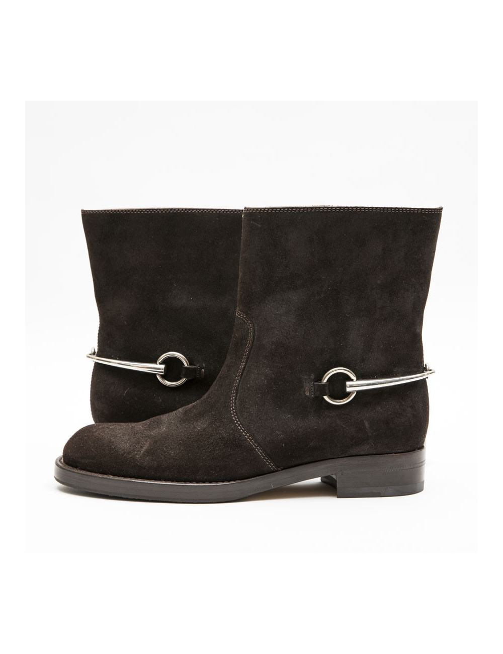 Boots T 39 GUCCI en daim marron et mors argent palladié