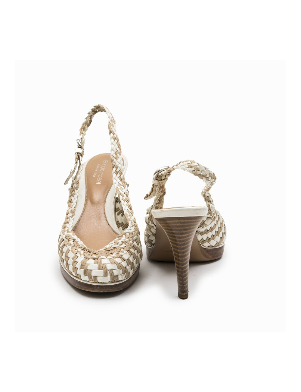 Escarpins T 38 SERGIO ROSSI cuir verni beige et corde marron