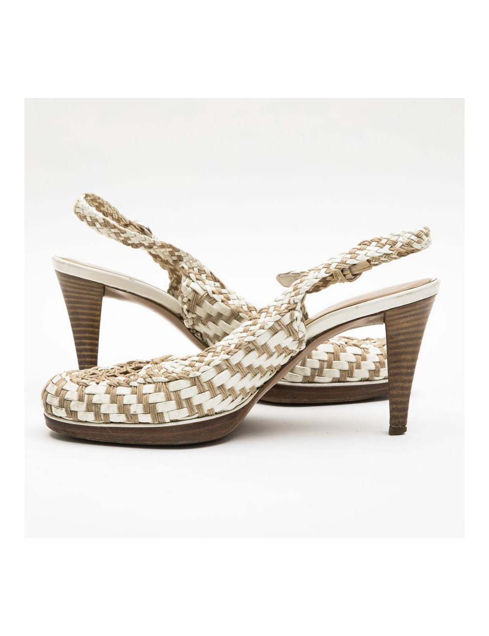 Escarpins T 38 SERGO ROSSI cuir verni beige et corde marron