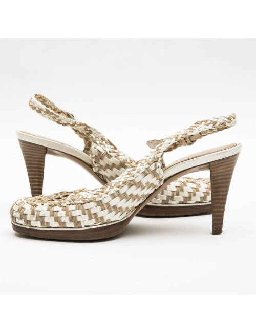 Escarpins T 38 SERGO ROSSI cuir verni beige et corde marron