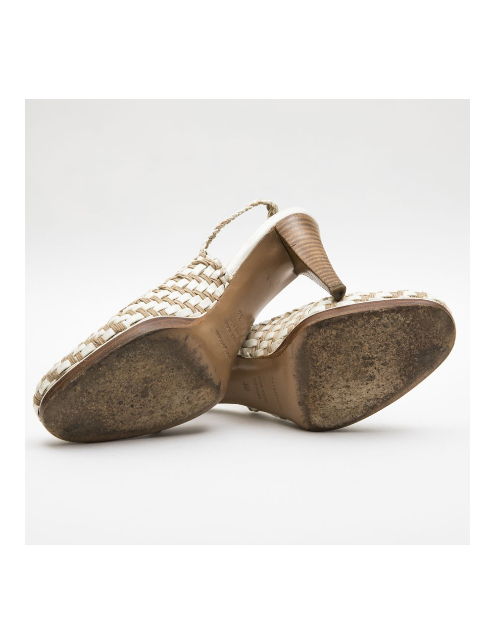 Escarpins T 38 SERGIO ROSSI cuir verni beige et corde marron