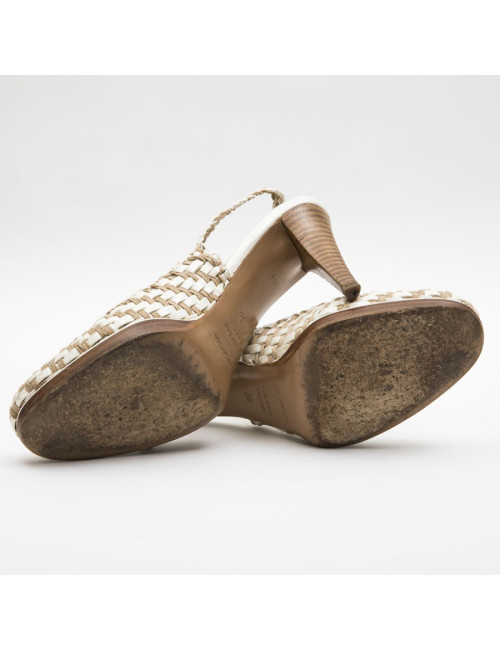 Escarpins T 38 SERGIO ROSSI cuir verni beige et corde marron