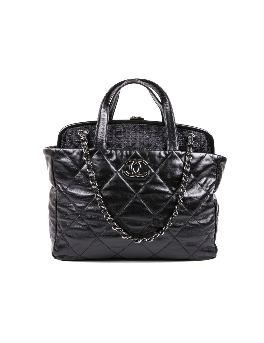 Sac CHANEL en cuir matelassé noir vieilli et tweed gris foncé