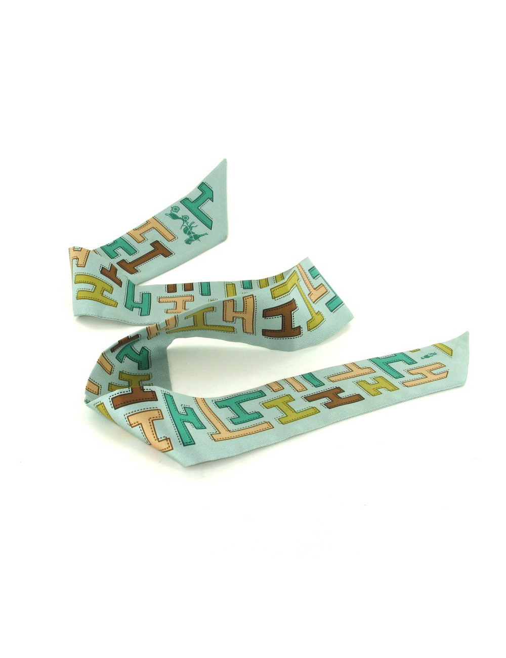 Twilly en soie vert d'eau imprimé H