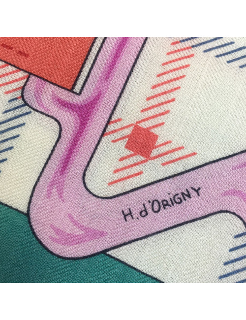 Châle HERMES 'Sellier' en cachemire et soie parme, crème et jaune