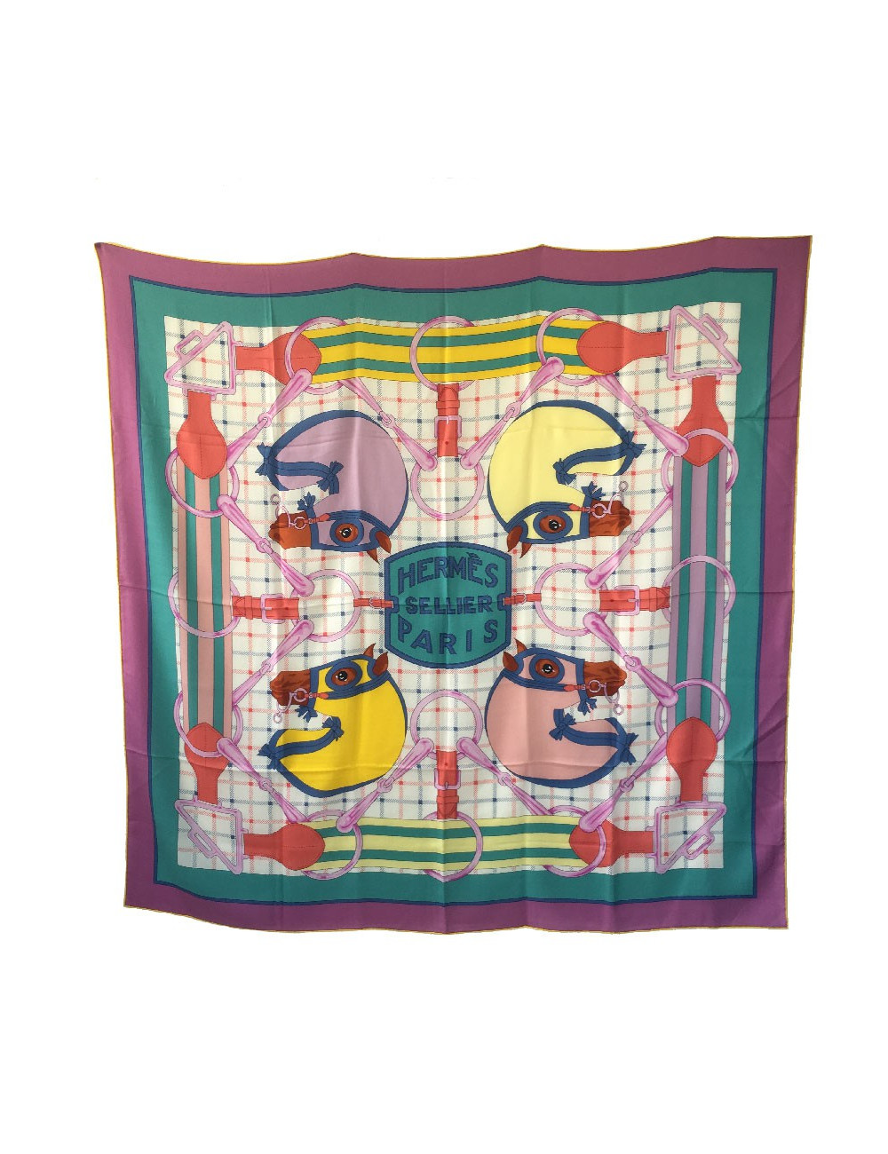 Châle HERMES 'Sellier' en cachemire et soie parme, crème et jaune