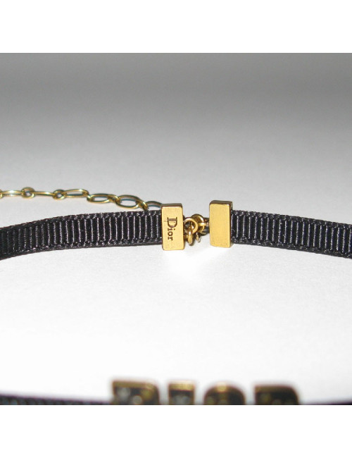 Collier "DIOR" ras de cou  en gros grain noir et métal doré