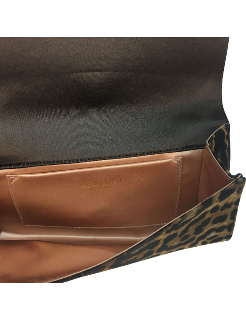 YSL SAINT LAURENT clutch in leopard printed satin and rhinestones