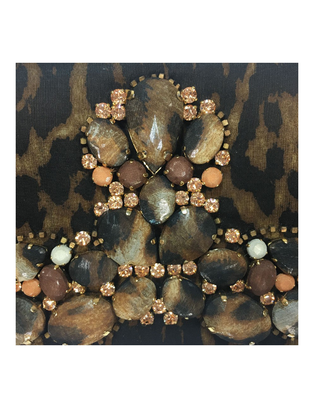 YSL SAINT LAURENT clutch in leopard printed satin and rhinestones