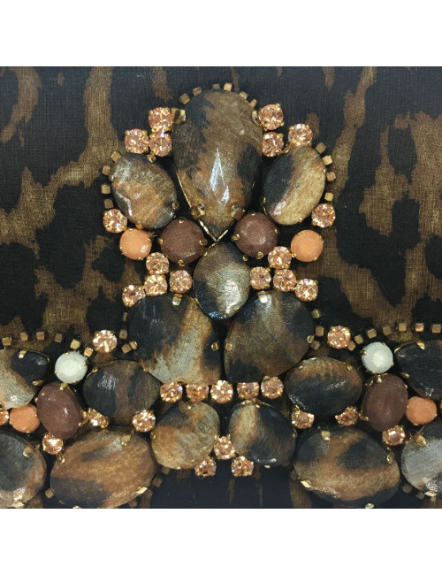 YSL SAINT LAURENT clutch in leopard printed satin and rhinestones