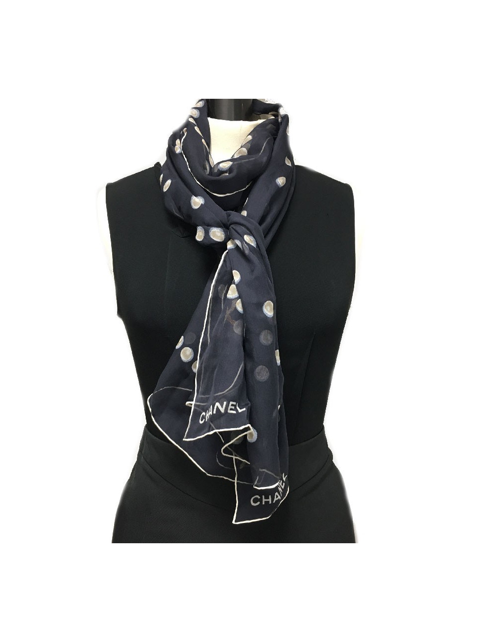 CHANEL long scarf in black chiffon