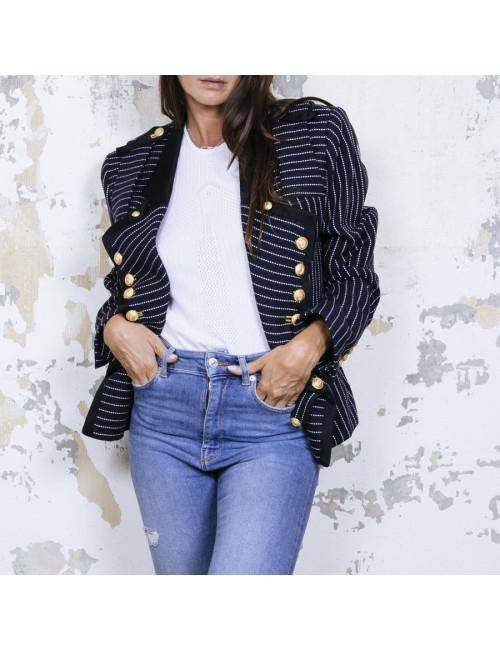 BALENCIAGA  jacket in navy blue cotton and white stripes size 42